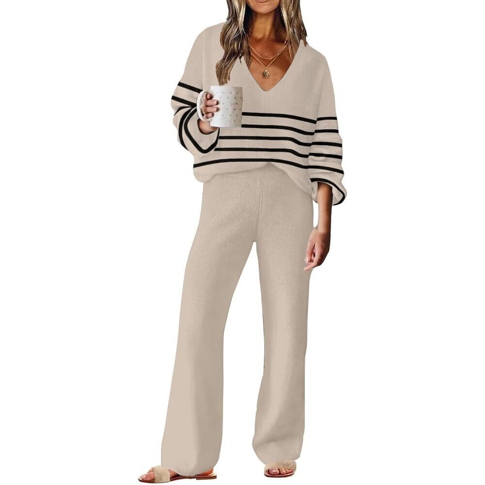 Womens 2 Piece Outfits Sweater Lounge Set Casual V Neck Knit Pajama Set Long Sle